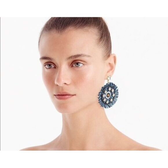 J. Crew Raffia Fringe Disc Earrings in Blue Green- NWT - Picture 1 of 6